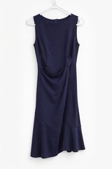 Elegant Navy Blue Sleeveless Draped Wrap Midi Dress Side Slit Lined Size M