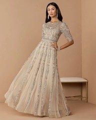 Mac Duggal 10115 3/4 Sleeve Embellished Pearl A-line Gown Beige Size 8 NWT $1798