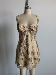 NWOT For Love & Lemons Gold Sequin “Opal” Mini Rhinestone Dress Sz Medium