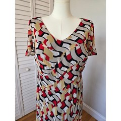 Jones New York 100% Silk Geo Midi Dress 20W Art Deco Y2K Cocktail Artsy Chic