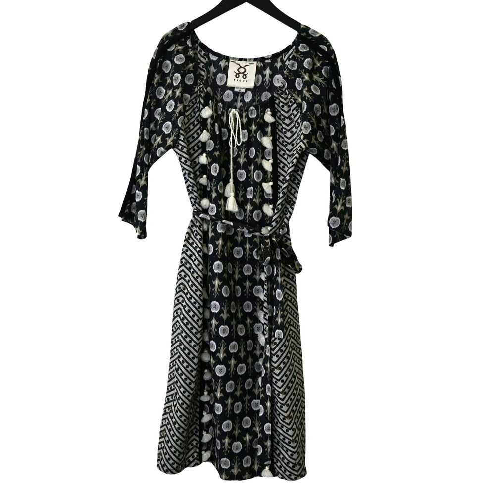 Figue Dress Size Medium Black Tan Knee Length 3/4 Sleeve Tasseled Bohemian