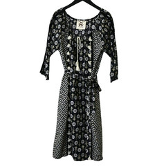 Figue Dress Size Medium Black Tan Knee Length 3/4 Sleeve Tasseled Bohemian