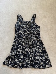 Womens Black White Floral Mini Dress Sleeveless Strappy Lace-Up Square Neck M