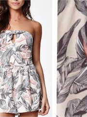 Kendall & Kylie Strapless Tropical Leaf Romper – Pink & Gray