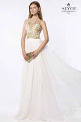 NWT Alyce Paris Gold Beaded Cutout Back Gown Dress Sz 000 White Sweep Train