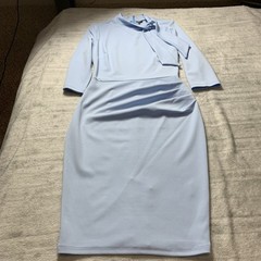 MIUSOL Classic Office wear, 3/4 Sleeve Dress Sky Blue Size M, tie neck