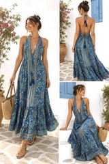 Sara Vintage Art of India Boho Halter Maxi Dress Open Back Tassel Tie
