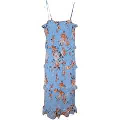 Bebe Smocked Floral Midi Dress Large Blue Ruffle Tiered Bodycon