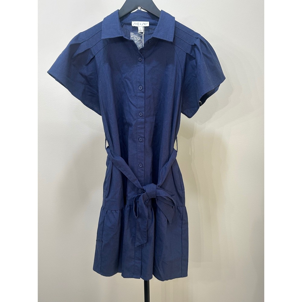 SHE + SKY Navy Linen Blend Button Front Tie Waist Shirt Dress Size L NWT