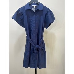 SHE + SKY Navy Linen Blend Button Front Tie Waist Shirt Dress Size L NWT