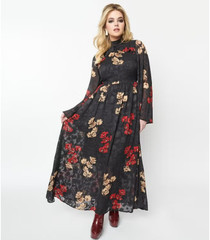 Unique Vintage Black Red & Gold Floral Bell Sleeve Maxi Dress Size M NWT