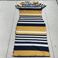 Yellow Blue White Stripe Print Short Sleeve Crew Neck Long Dress Womens Size L