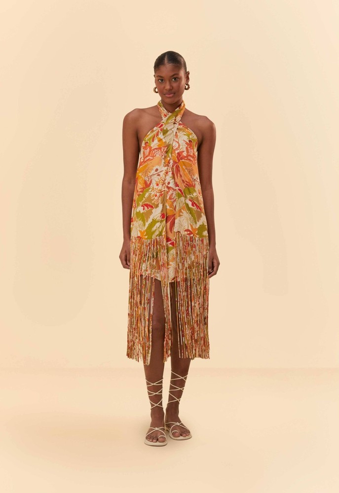 NWT Farm Rio Leopard Forest Sand Fringe Halter Mini Dress S
