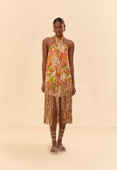 NWT Farm Rio Leopard Forest Sand Fringe Halter Mini Dress S