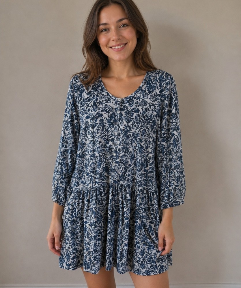 Peruvian Connection Pima Cotton-blend Babydoll Tunic Dress Medium Flowers EUC