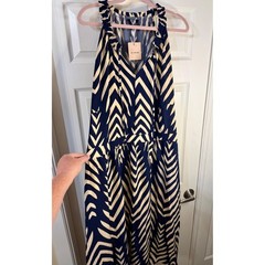 Bloomchic Navy Blue Cream Chevron Leaf Print Halter Maxi Dress Plus Size 28 NEW