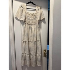 Sapphire Womens Floral Smocked Tiered Midi Dress Cream Blue Short Sleeve Small
