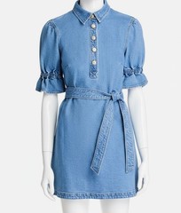 Cinq à Sept Women&rsquo;s Blue Denim Ruffled Cuff Self-Tie Nataly Shirt Dress Size 4
