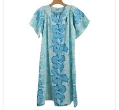 Kalena Fashions of Hawaii Muumuu Dress Small Teal Blue Hibiscus Floral Aloha