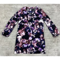 Covington Dress Womens Medium M Purple Pink Black Floral Split Neck Long Sleeve