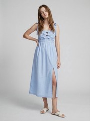Light Blue Sleeveless A-Line Midi Dress Square Neck with Bow and Slit Accents