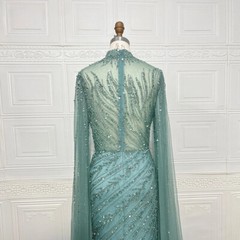 Luxury Beaded Mermaid Evening Gown Tulle Sheer Ruched Long Sleeved Ball Dress