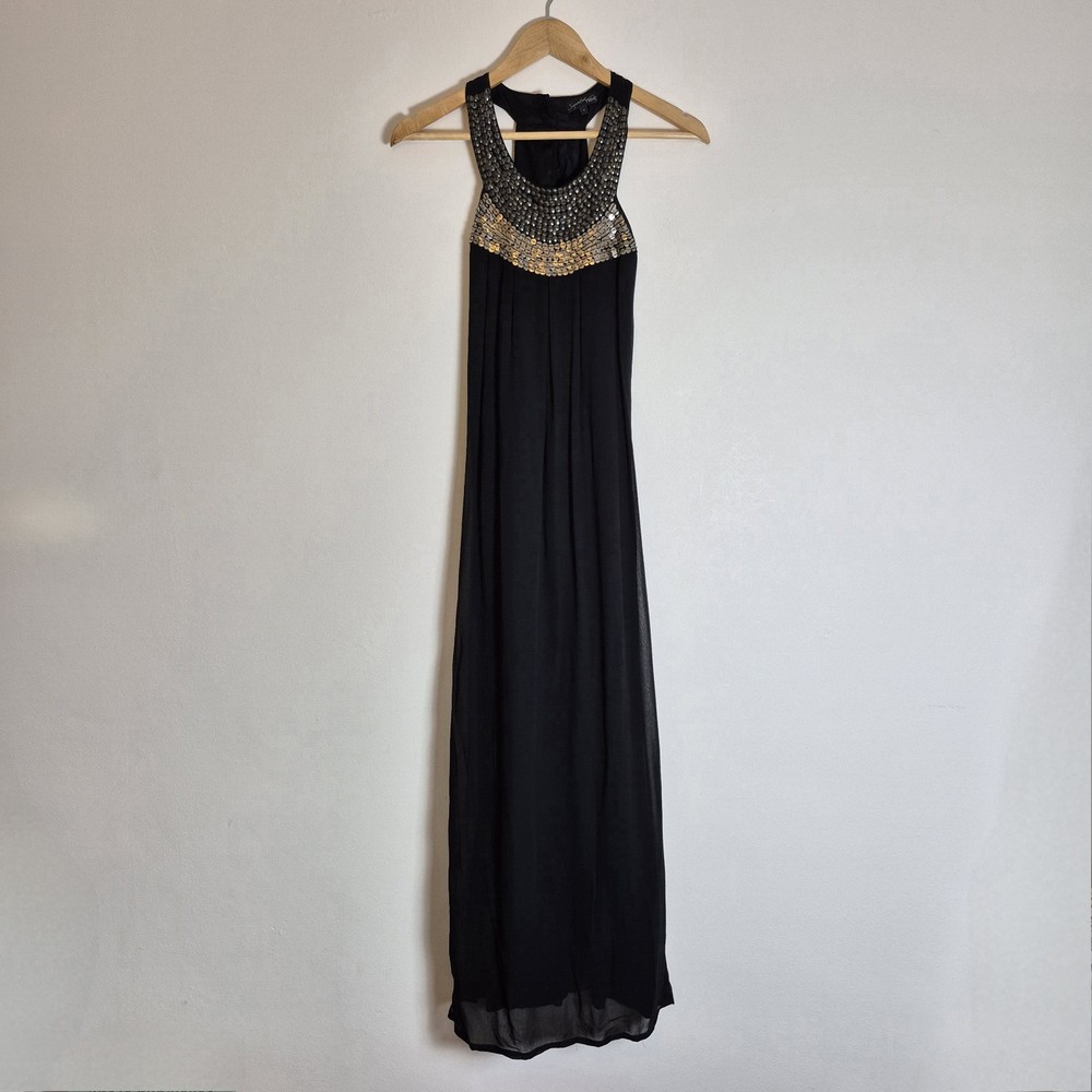 Next 6 Black Sheer Lined Chiffon Sequin Embellished Long Maxi Dress Party Evenin