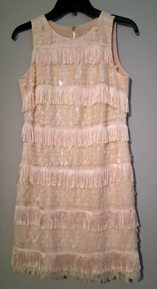 Cocktail Dress size 6P by Eliza J, Champagne color w/Fringe and Sequins, Lined