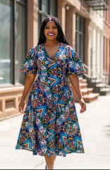 HANDMADE V- NECK SHORT SLEEVE BLUE GEOMETRIC PRINT MIDI DRESS 34IN W SZ LARGE