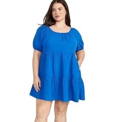 Old Navy Puff-Sleeve Tiered Mini Swing Dress XL Cotton Gauze Pockets Cottagecore