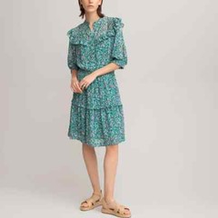 La Redoute Green Floral Mini Dress Size 8 Mandarin Collar Ruffles RRP £52