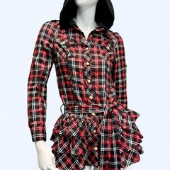 Tralala Liz Lisa red black Plaid Hooded Mini Dress Ruffle Gothic Punk Womens S