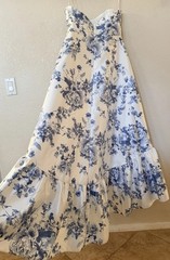 New Alfred Sung Strapless Floral Ruffle High-Low Gown In Cottage Rose-Larkspur 6