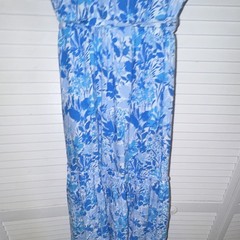 walker&wade Womens Dress L Blue White Floral V-Neck Button Pockets Midi