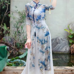Lady Dancing Cheongsam Dress Chinese Floral Dancewear Stage Ethnic Retro Dress