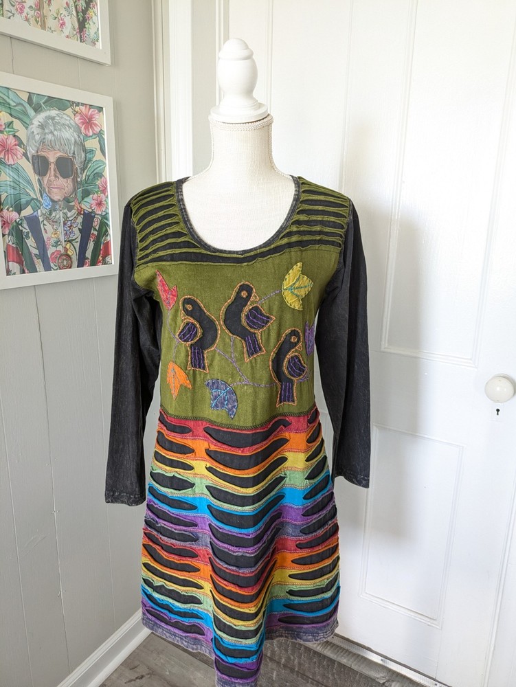 Nepal Cotton Patchwork Bird Boho Hippie Festival Tunic Dress Medium Long Sleeve