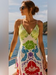 Farm Rio Tropical Graphic Placed Maxi Dress Floral Rainbow Linen Women&rsquo;s Size S