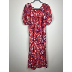SUNDRY Bubble Sleeve Red Purple Floral Maxi Dress Lightweight Cotton V-neck Sz 2