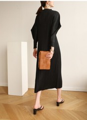 Autumn Spring New High End Pleated Casual Loose Half High Collar Batsleeve Dress