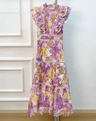Women&rsquo;s Pupple Orange Floral Sleeveless Summer Party Breathable Long Dress Lace