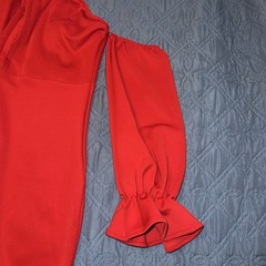 Red Off Shoulder Satin Bodycon Midi Dress Long Bell Sleeve Ruffle Cuff S