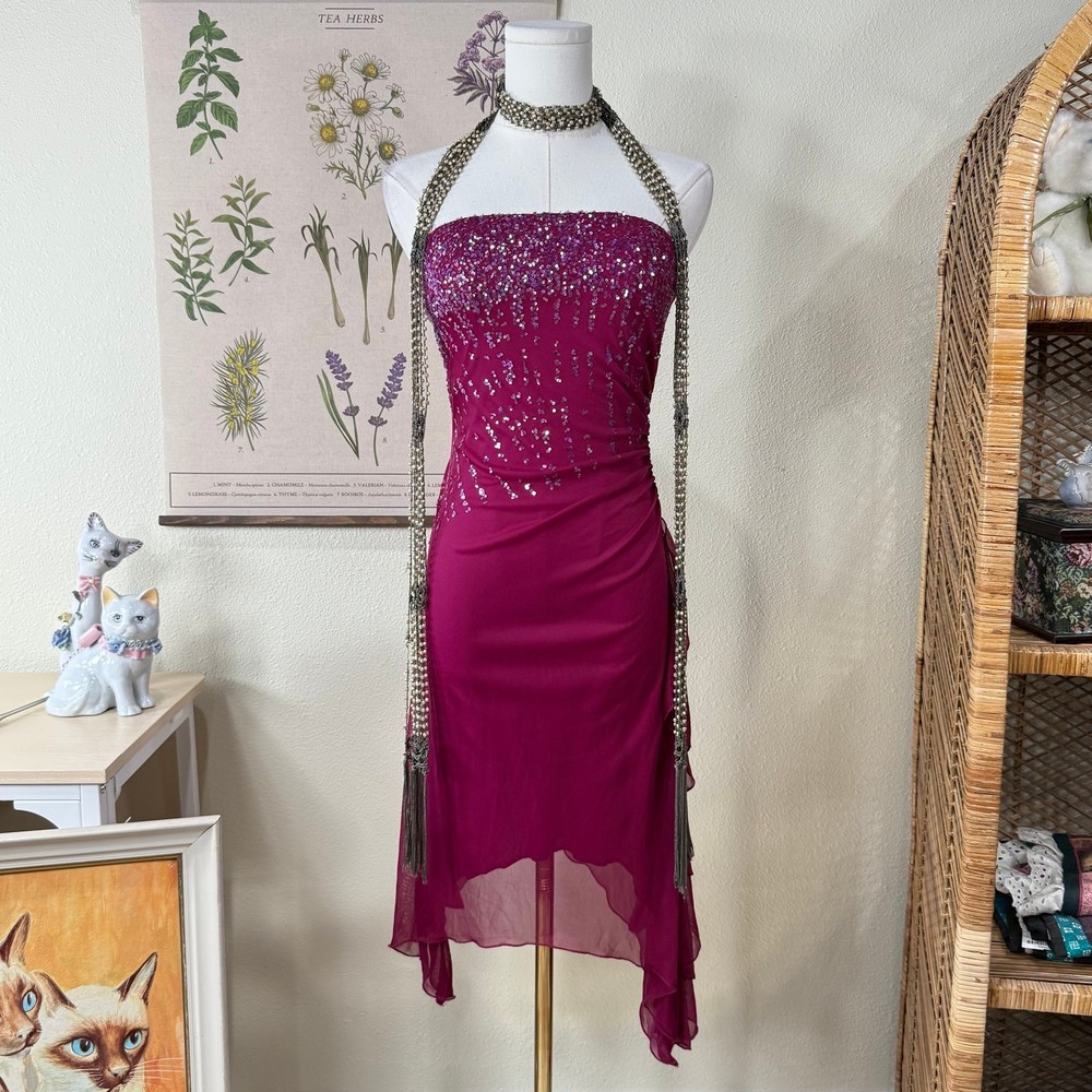 90s Y2k Sequin Mesh Asymmetric Strapless Dress Sexy Party Trashy Fairy Whimsy XS