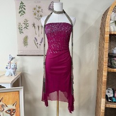 90s Y2k Sequin Mesh Asymmetric Strapless Dress Sexy Party Trashy Fairy Whimsy XS