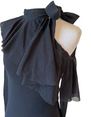 FUZZI Asymmetrical Cold-Shoulder Ruffle Midi Sheer Tulle Black Sheer Dress Small