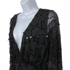 NWT Miss Ord Women size M Black Sequin Drop Sheer Maxi Dress Plunging V-Neck