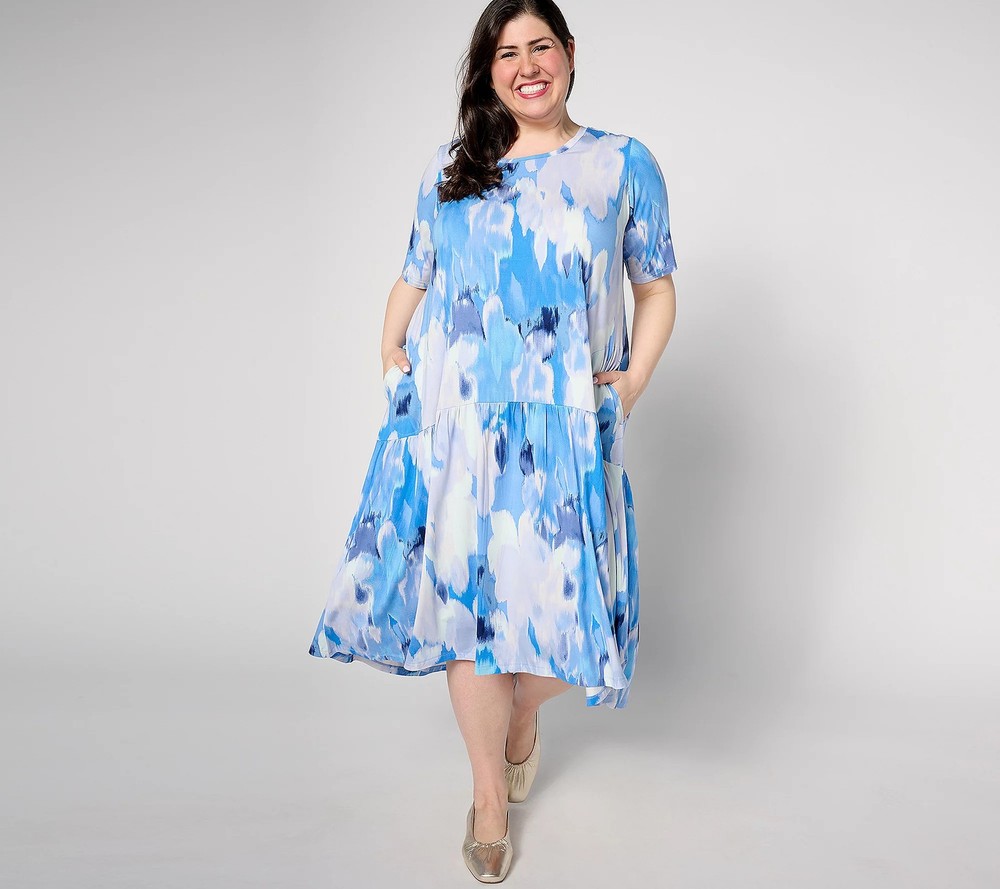 LOGO by Lori Goldstein Petite Rayon 230 Elbow Sleeve Dress Blue Combo L New