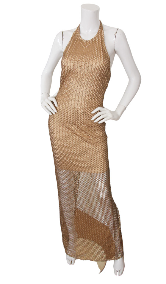 Kalayci Dress NWT Gold Open Mesh Halter Maxi Festival Party UK 6 US 2