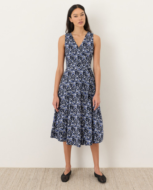 PACT Organic Fit & Flare Easy V-Neck Dress – Paradise Petals Navy Blue