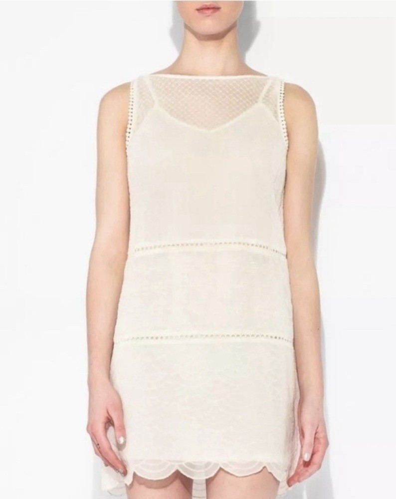 BB Dakota White Solid Lace Sheer Round Neck Sleeveless Shift Mini Dress S