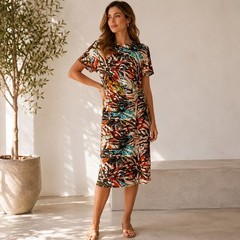 Bacci Floral Abstract Print Ruched Midi Dress Sz L Stretch Retro Chic